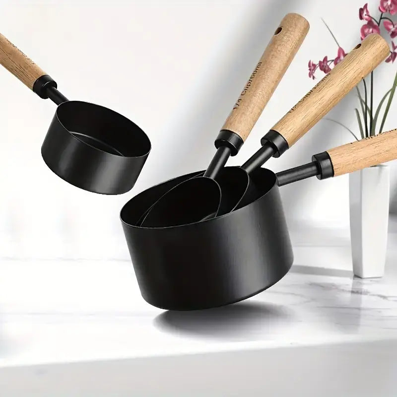 8-Piece Measuring Cups & Spoons Set with Non-Slip Wooden Handle Metric & American Measurements for Home Chefs Bakers Pet Kitchenware Tools Sturdy Utensils Stainless Steel