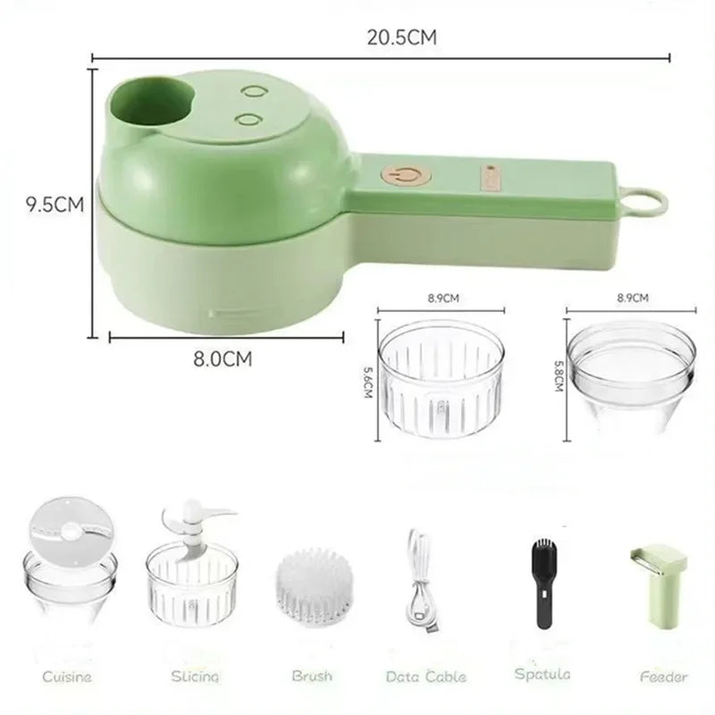 Cortadora de Vegetales Multifunciona en color verde, con accesorios y dimensiones para facilitar la cocina.