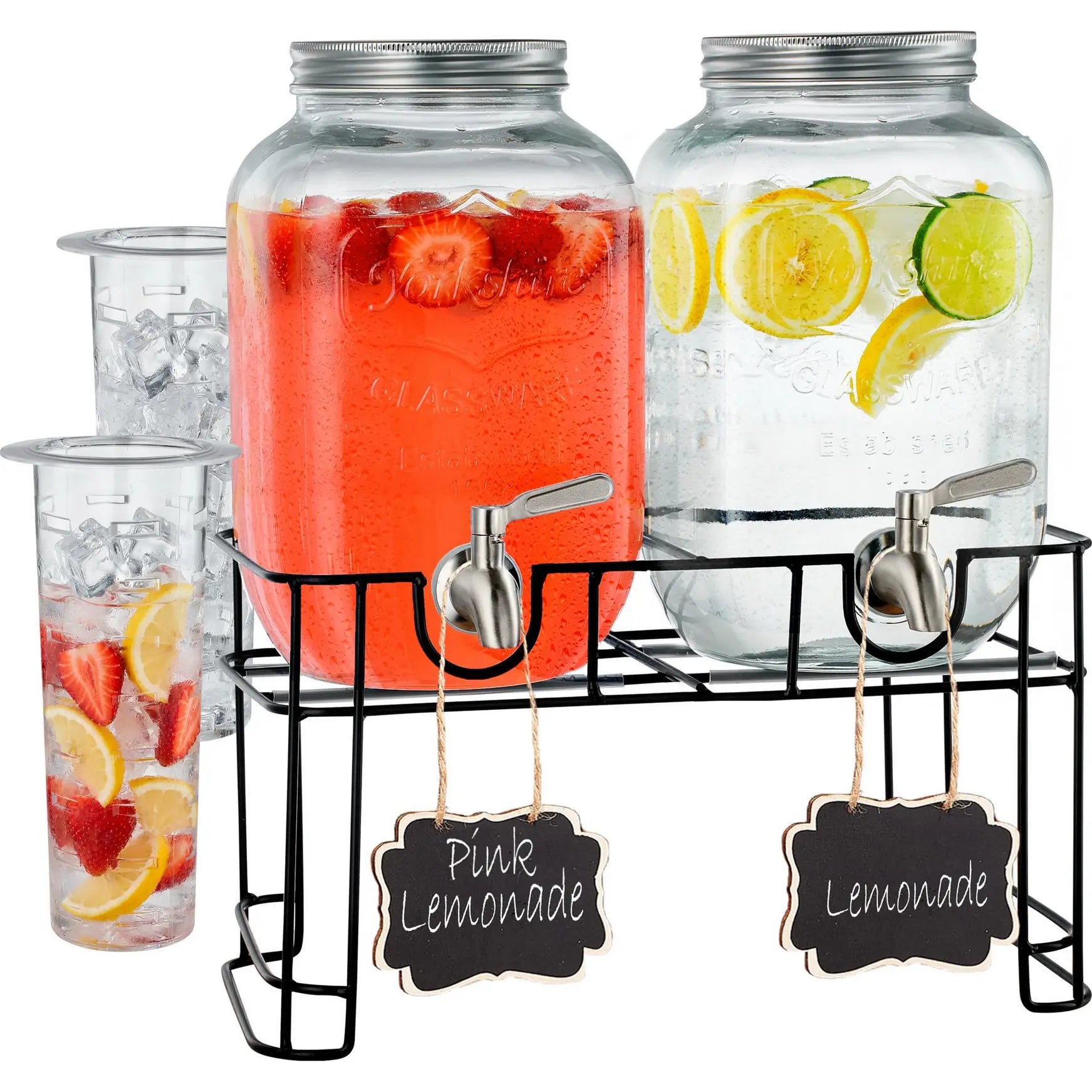 Glass Drink Dispenser with Stand & Stainless Steel Spigot – 1 Gallon Drink Dispensers for Parties, Glass Beverage Dispenser Set, Punch Bowl for Lemonade