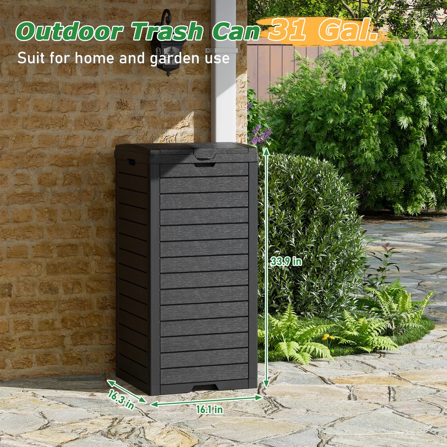 31-Gallon Outdoor Trash Can, a Concealed Trash Can with a Lid and Drip Tray, Made of Easy-To-Clean Resin, Suitable for Home and Garden Use, Black