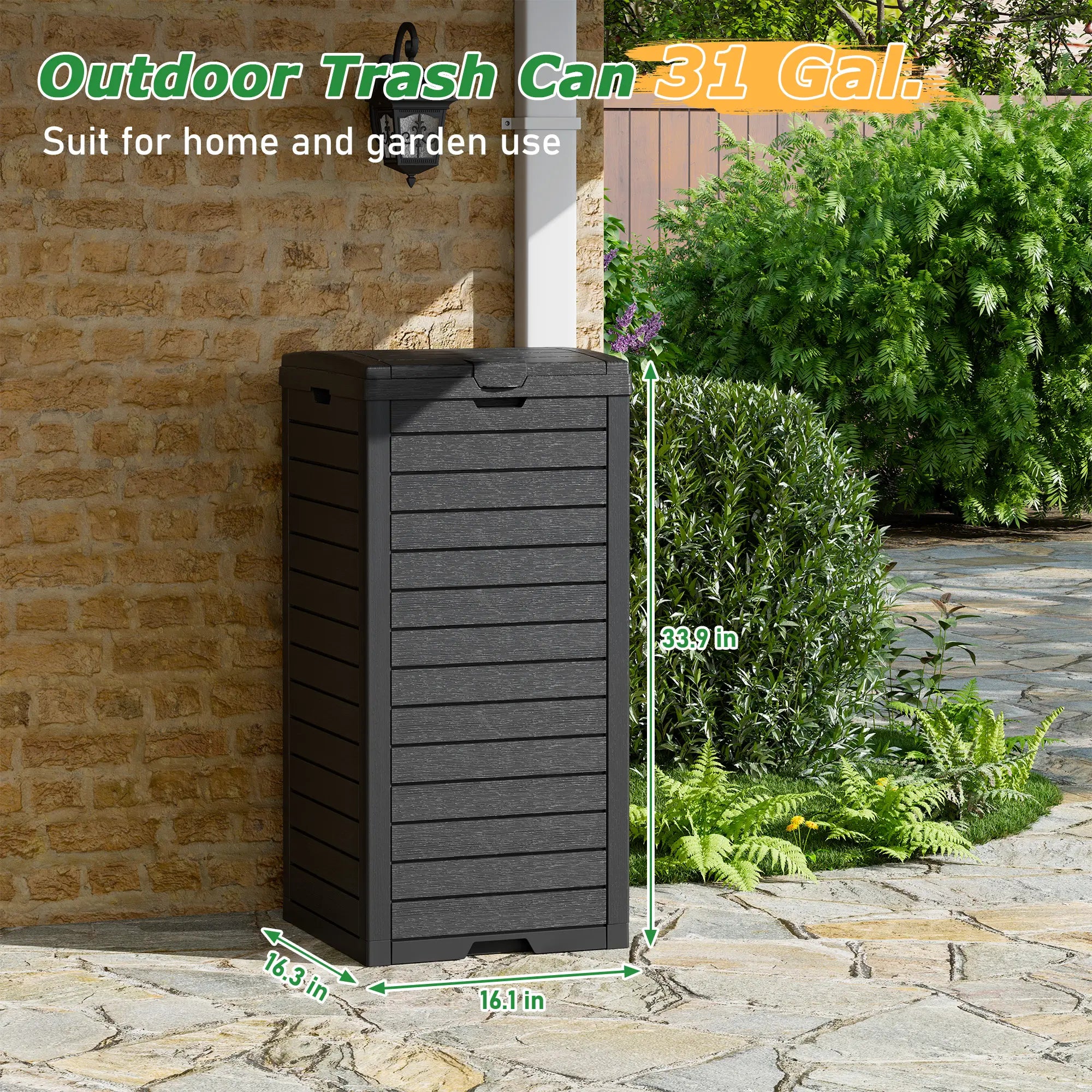 31-Gallon Outdoor Trash Can, a Concealed Trash Can with a Lid and Drip Tray, Made of Easy-To-Clean Resin, Suitable for Home and Garden Use, Black