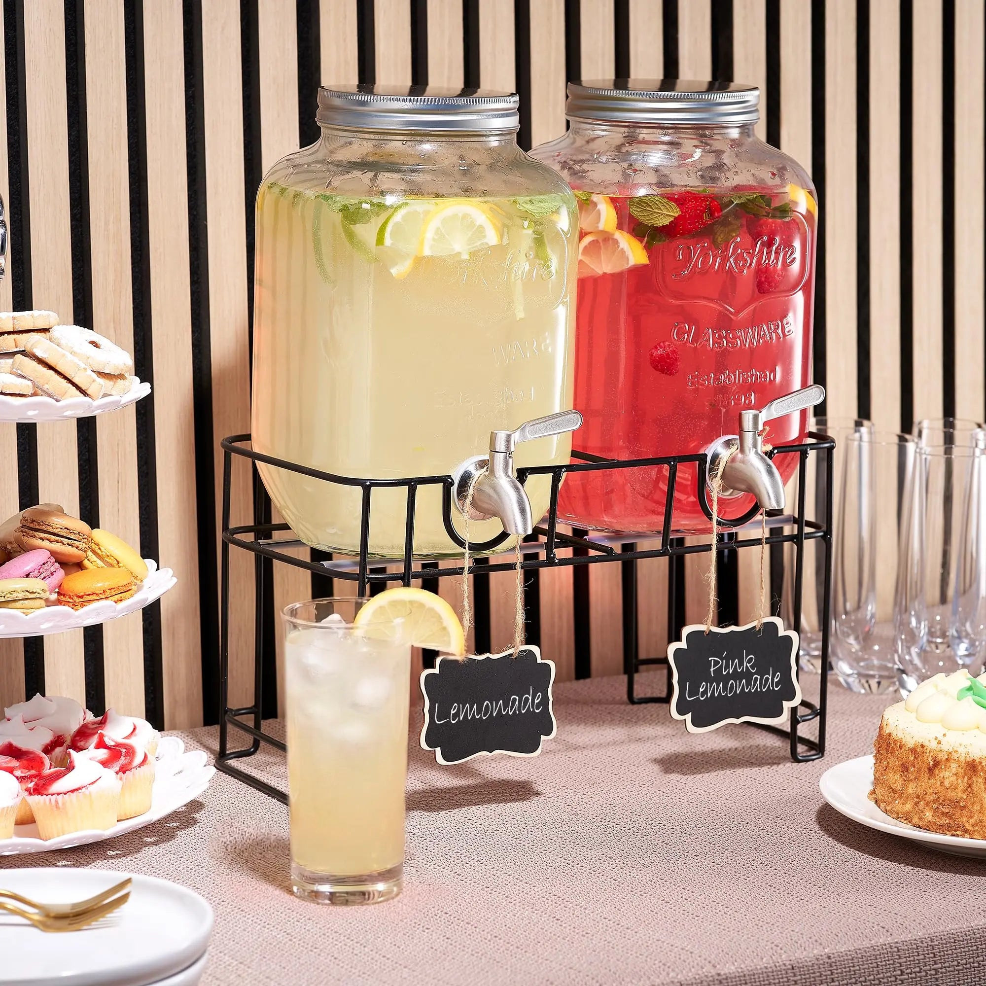 Glass Drink Dispenser with Stand &amp; Stainless Steel Spigot – 1 Gallon Drink Dispensers for Parties, Glass Beverage Dispenser Set, Punch Bowl for Lemonade