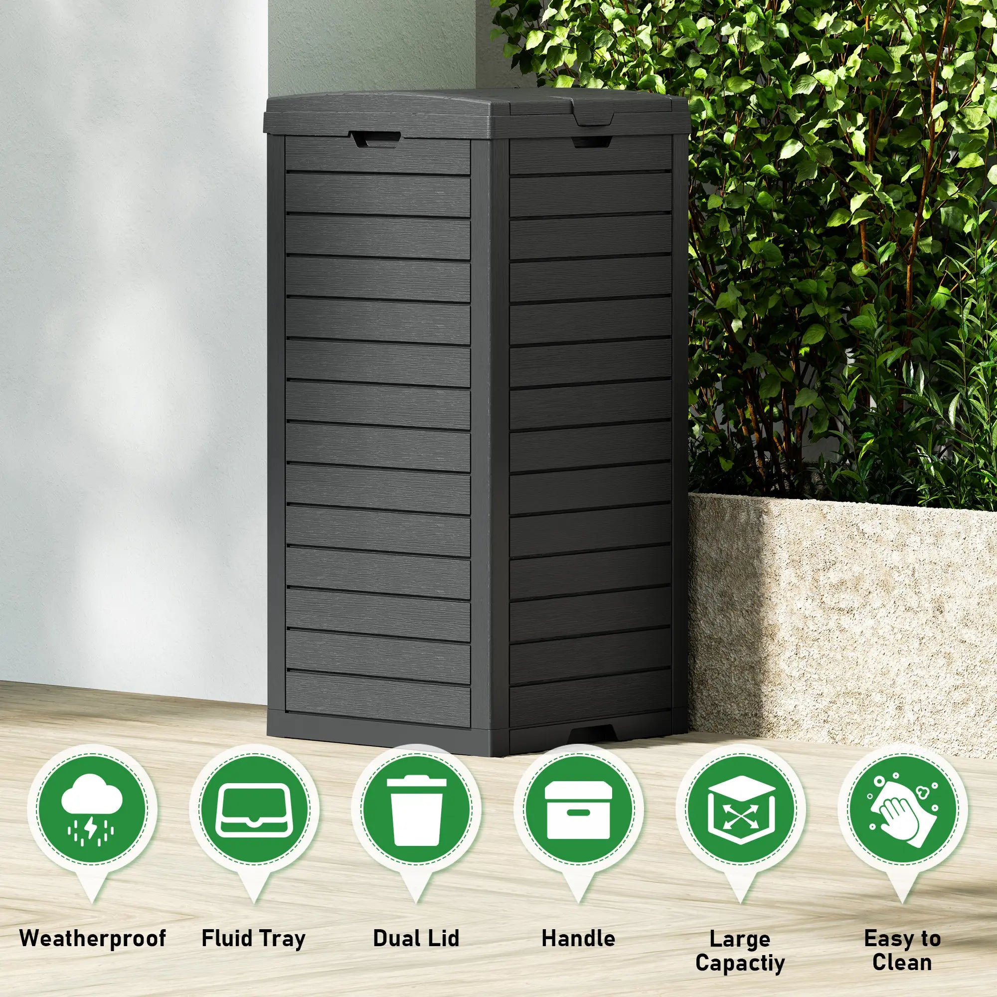 31-Gallon Outdoor Trash Can, a Concealed Trash Can with a Lid and Drip Tray, Made of Easy-To-Clean Resin, Suitable for Home and Garden Use, Black