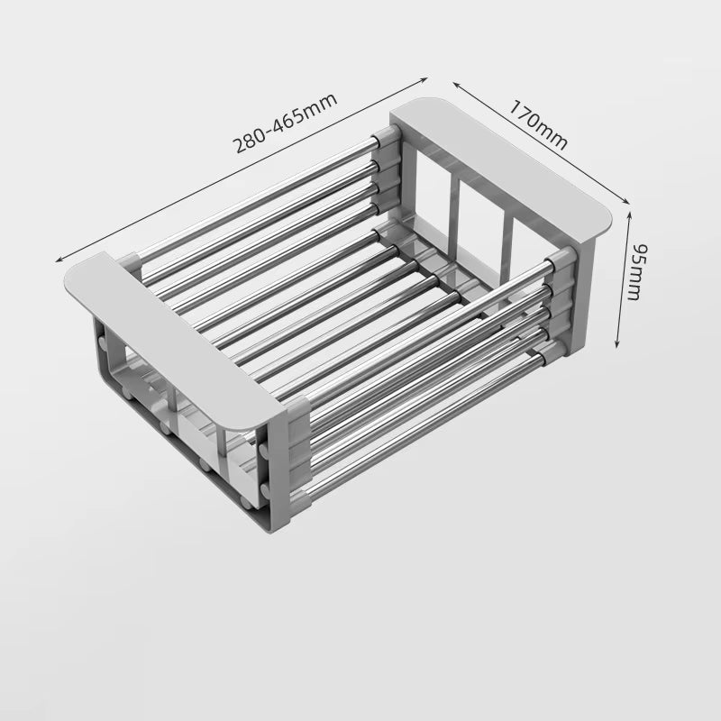 Escurridor Extensible de Acero Inoxidable para Fregadero con medidas en mm, adaptable a diferentes tamaños de fregadera.