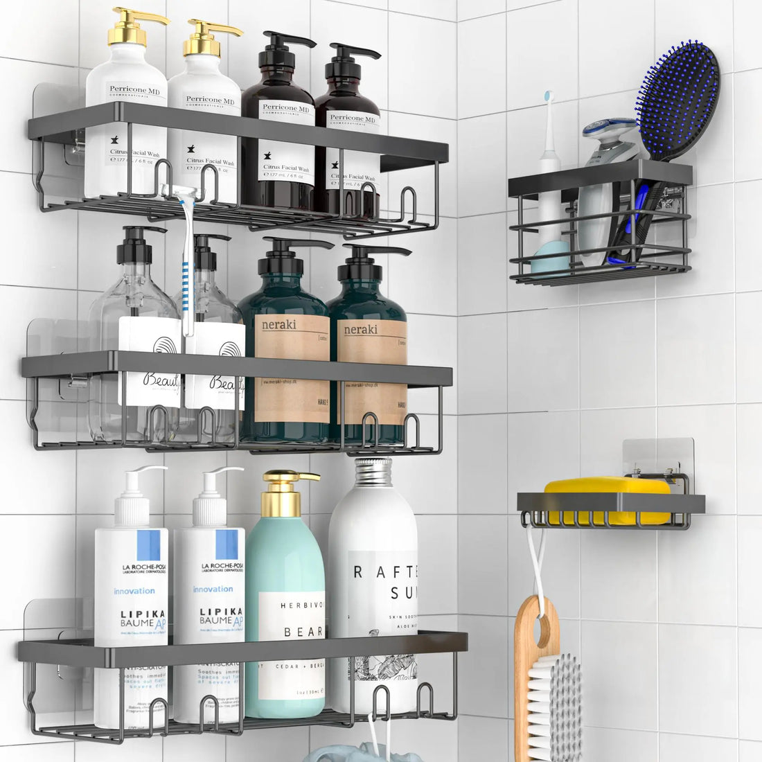 Shower Caddy Shelf Organizer Rack, 5-Piece Self-Adhesive Bathroom Shelf Basket Corner Storage Rack Set, Bathroom Organizing Accessories for Home and Kitchen, No-Drilling Installation 
