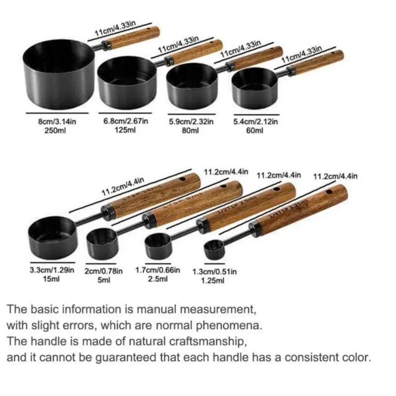 8-Piece Measuring Cups &amp; Spoons Set with Non-Slip Wooden Handle Metric &amp; American Measurements for Home Chefs Bakers Pet Kitchenware Tools Sturdy Utensils Stainless Steel