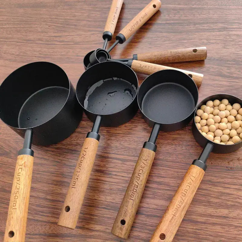 8-Piece Measuring Cups &amp; Spoons Set with Non-Slip Wooden Handle Metric &amp; American Measurements for Home Chefs Bakers Pet Kitchenware Tools Sturdy Utensils Stainless Steel