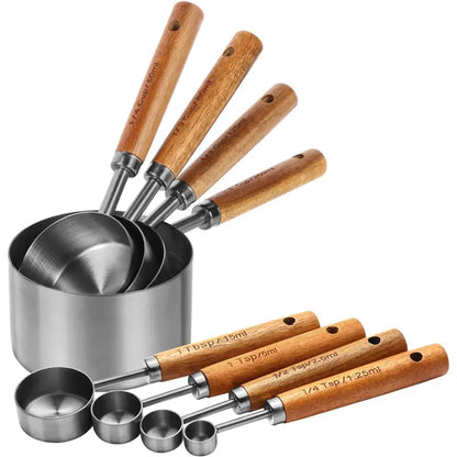 8-Piece Measuring Cups &amp; Spoons Set with Non-Slip Wooden Handle Metric &amp; American Measurements for Home Chefs Bakers Pet Kitchenware Tools Sturdy Utensils Stainless Steel