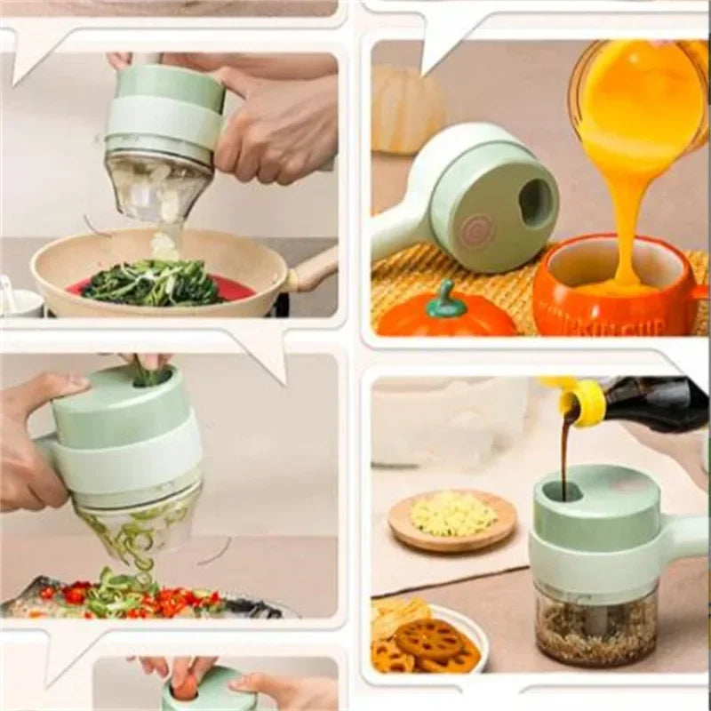 Cortadora de Vegetales Multifunciona en uso, cortando verduras y añadiendo ingredientes a platos.