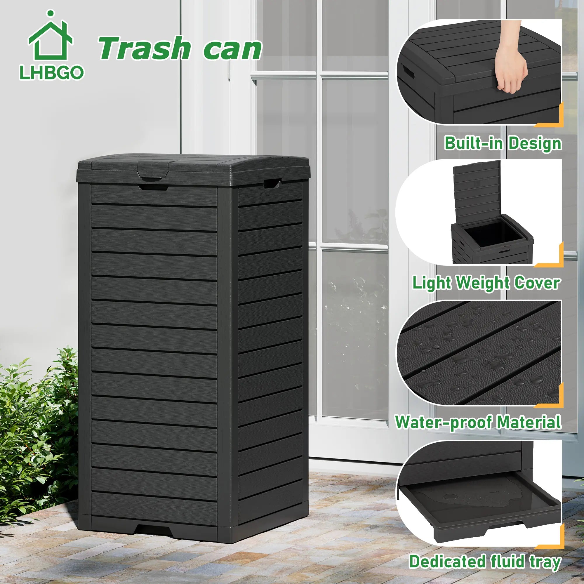 31-Gallon Outdoor Trash Can, a Concealed Trash Can with a Lid and Drip Tray, Made of Easy-To-Clean Resin, Suitable for Home and Garden Use, Black