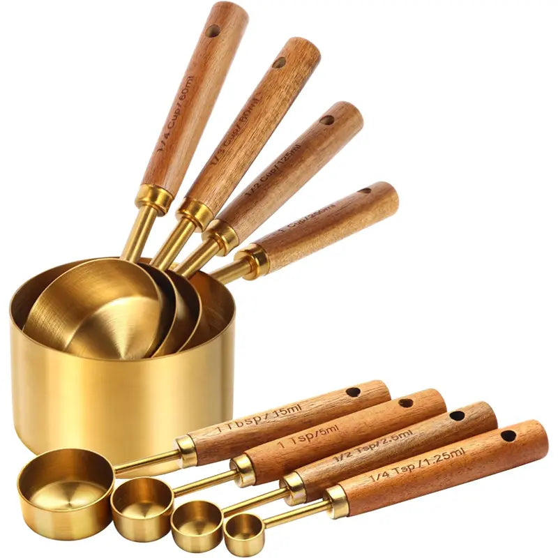 8-Piece Measuring Cups &amp; Spoons Set with Non-Slip Wooden Handle Metric &amp; American Measurements for Home Chefs Bakers Pet Kitchenware Tools Sturdy Utensils Stainless Steel