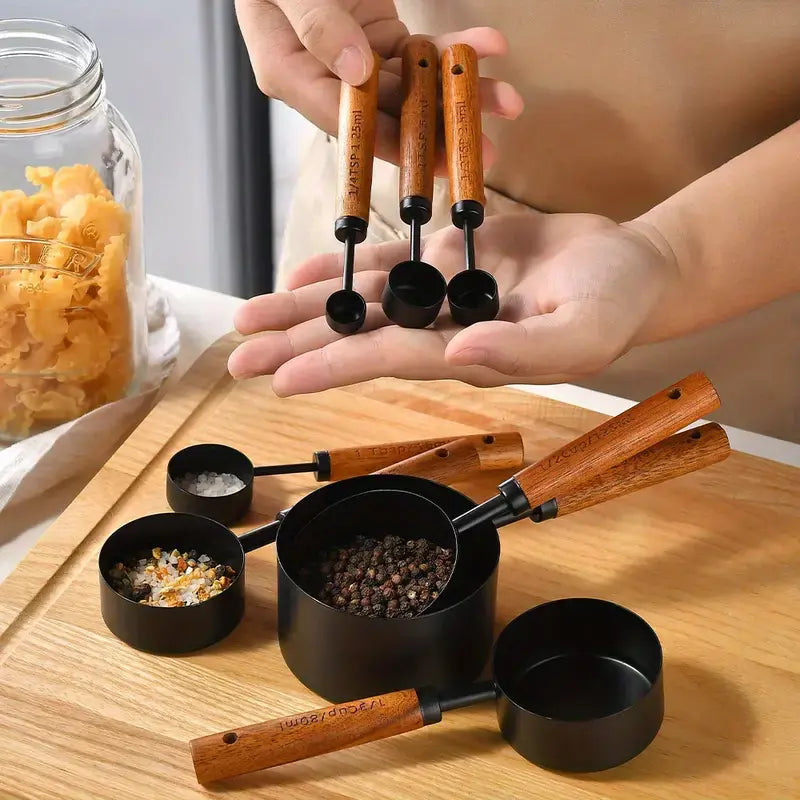 8-Piece Measuring Cups &amp; Spoons Set with Non-Slip Wooden Handle Metric &amp; American Measurements for Home Chefs Bakers Pet Kitchenware Tools Sturdy Utensils Stainless Steel