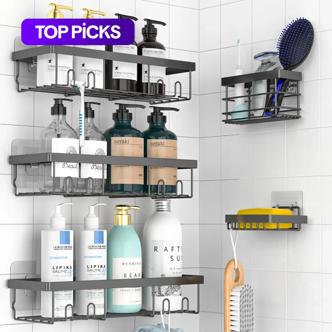 Shower Caddy Shelf Organizer Rack, 5-Piece Self-Adhesive Bathroom Shelf Basket Corner Storage Rack Set, Bathroom Organizing Accessories for Home and Kitchen, No-Drilling Installation 