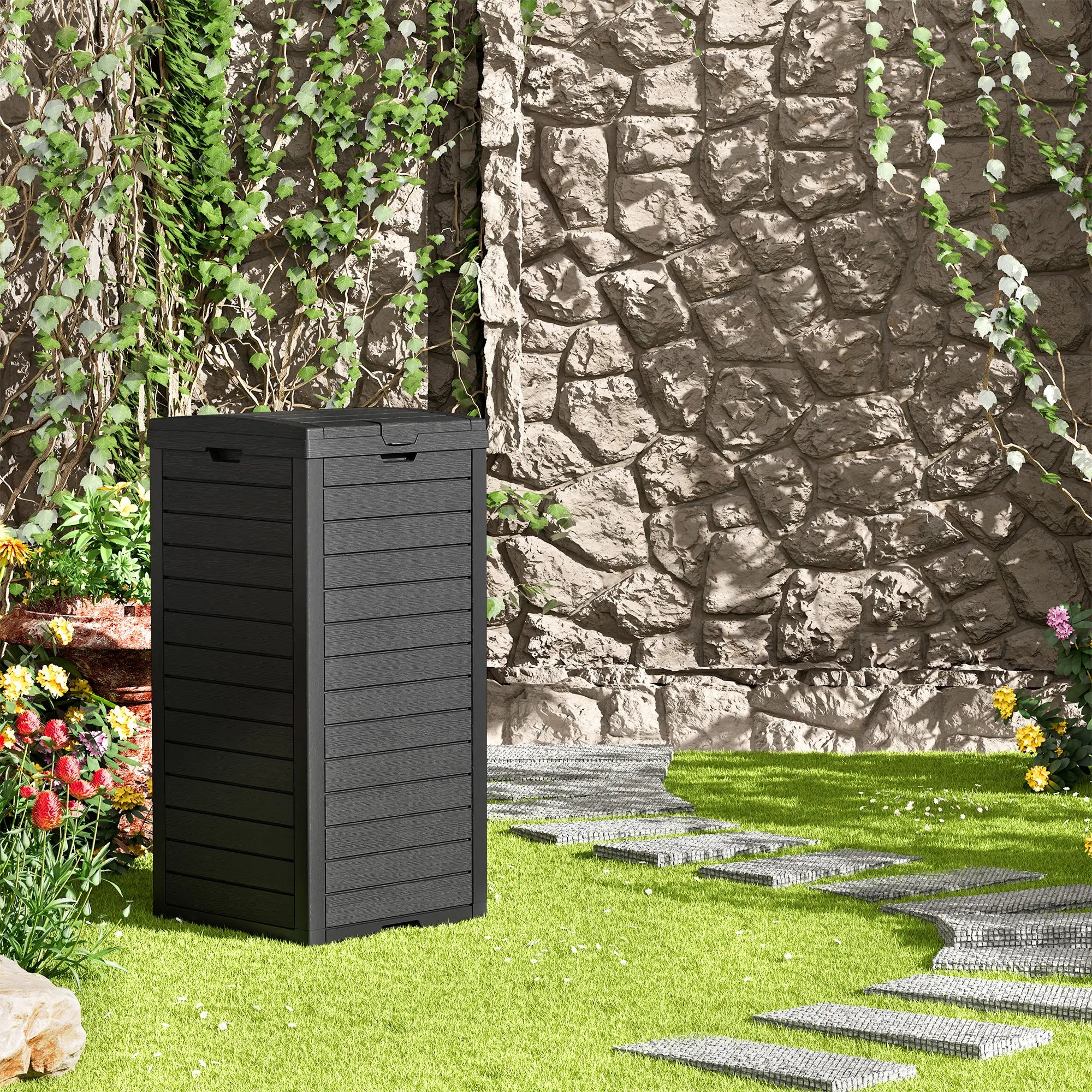 31-Gallon Outdoor Trash Can, a Concealed Trash Can with a Lid and Drip Tray, Made of Easy-To-Clean Resin, Suitable for Home and Garden Use, Black