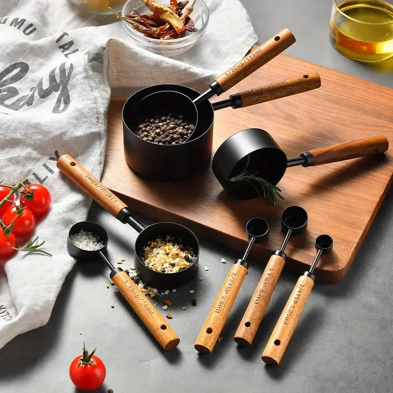 8-Piece Measuring Cups &amp; Spoons Set with Non-Slip Wooden Handle Metric &amp; American Measurements for Home Chefs Bakers Pet Kitchenware Tools Sturdy Utensils Stainless Steel