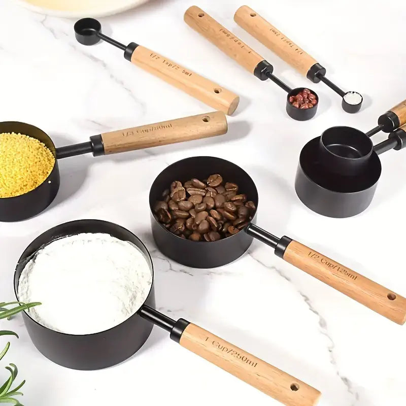 8-Piece Measuring Cups &amp; Spoons Set with Non-Slip Wooden Handle Metric &amp; American Measurements for Home Chefs Bakers Pet Kitchenware Tools Sturdy Utensils Stainless Steel