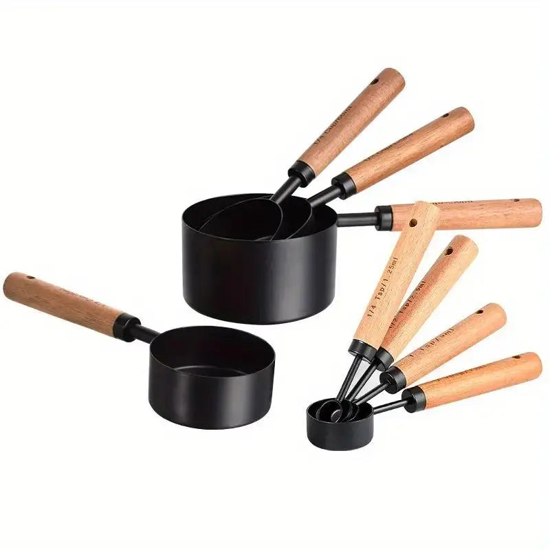 8-Piece Measuring Cups &amp; Spoons Set with Non-Slip Wooden Handle Metric &amp; American Measurements for Home Chefs Bakers Pet Kitchenware Tools Sturdy Utensils Stainless Steel