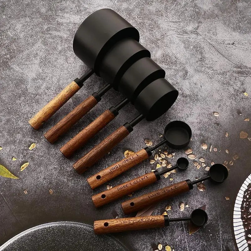8-Piece Measuring Cups &amp; Spoons Set with Non-Slip Wooden Handle Metric &amp; American Measurements for Home Chefs Bakers Pet Kitchenware Tools Sturdy Utensils Stainless Steel