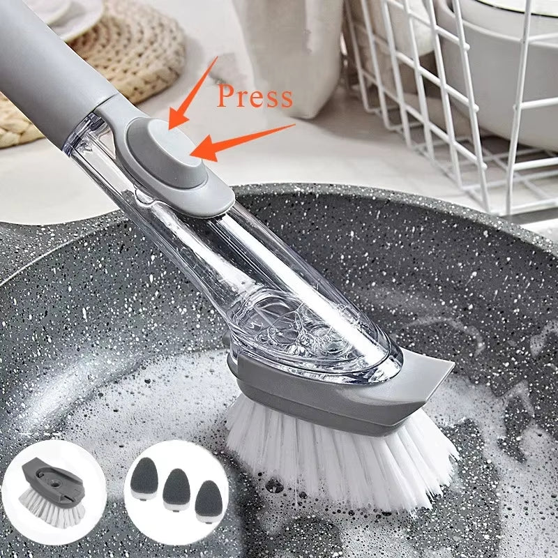 Kitchen Cleaning Brush 2 in 1 Long Handle Cleaing Brush with Removable Brush Sponge Dispenser Dishwashing Brush Kitchen Tools