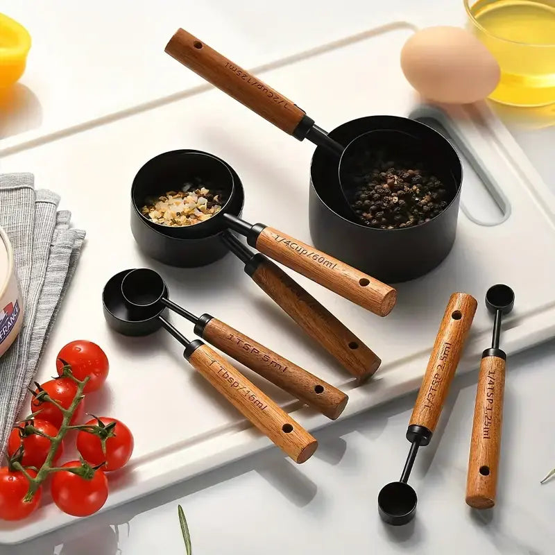 8-Piece Measuring Cups &amp; Spoons Set with Non-Slip Wooden Handle Metric &amp; American Measurements for Home Chefs Bakers Pet Kitchenware Tools Sturdy Utensils Stainless Steel