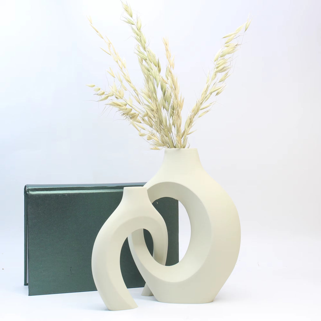 Jarrón Decorativo para Oficina y Gabinete de Entrada con flores secas y fondo de caja verde.